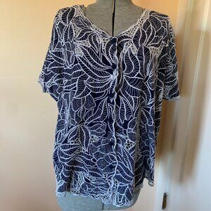 VTG 90s XXL Embroidered Button Up Blouse Indonesian Cut Work Navy White Boho